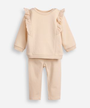 conjunto infantil longo de moletom com babado de laise bege
