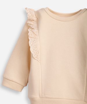 conjunto infantil longo de moletom com babado de laise bege