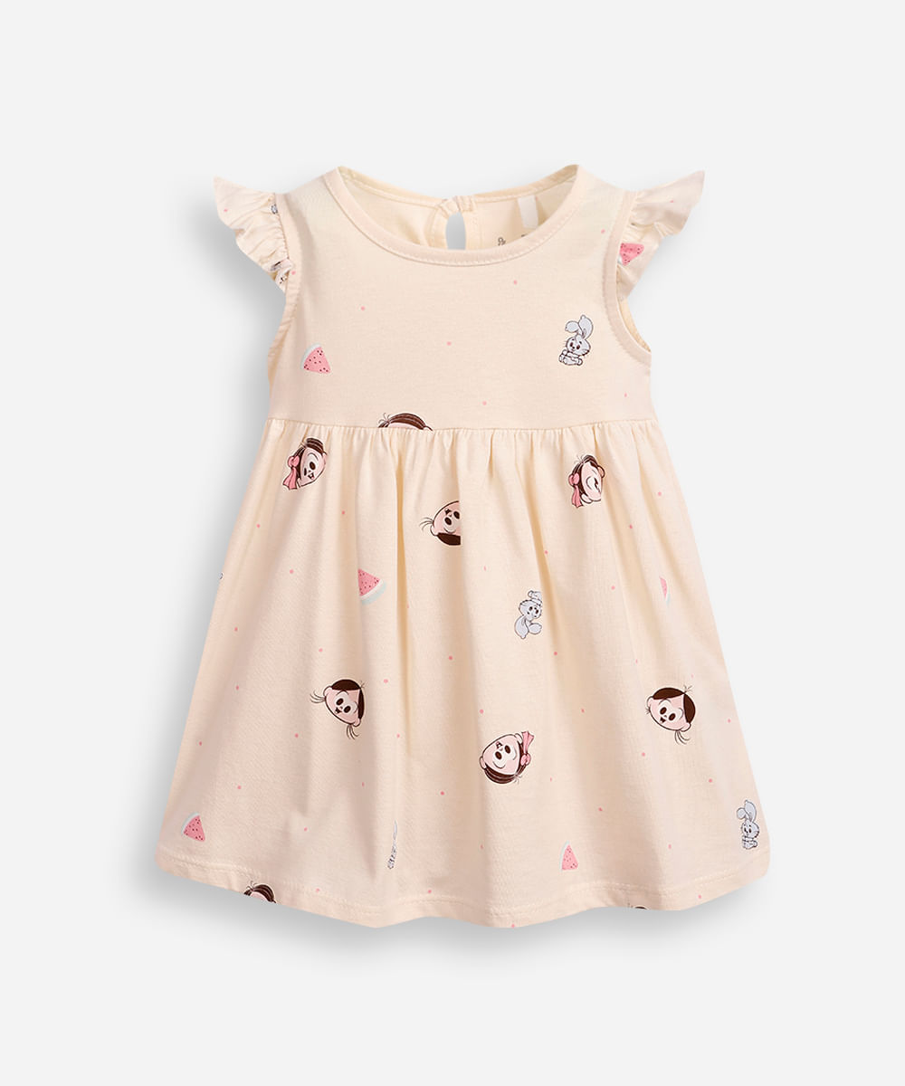 vestido de algodão infantil turma da mônica bege