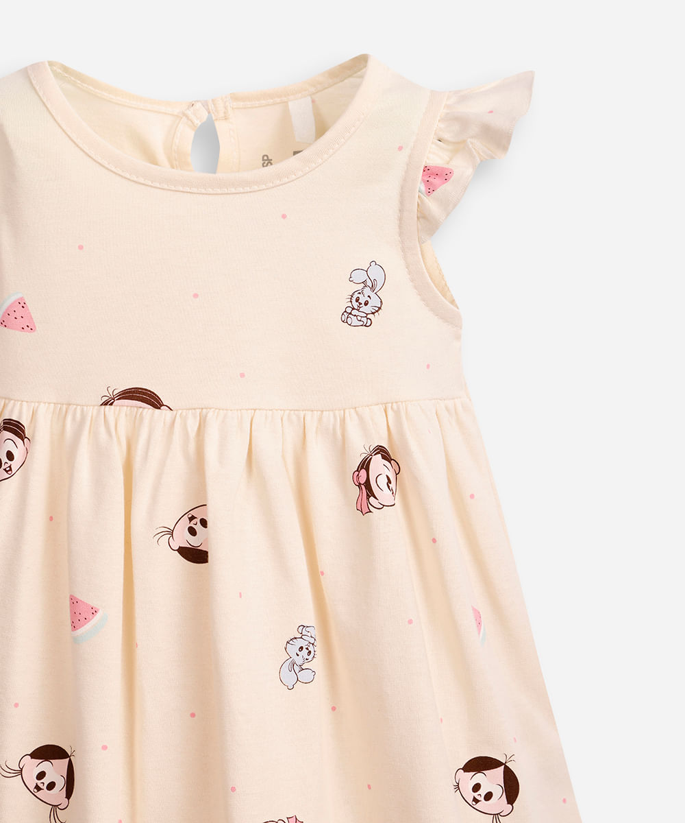 vestido de algodão infantil turma da mônica bege