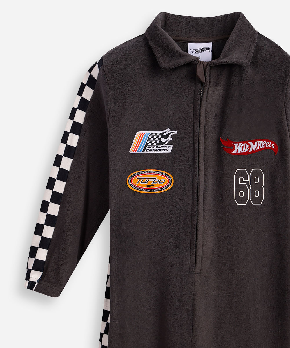 pijama macacão longo infantil piloto hot wheels cinza