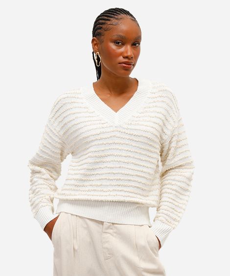 suéter feminino de tricot texturizado listrado - off white