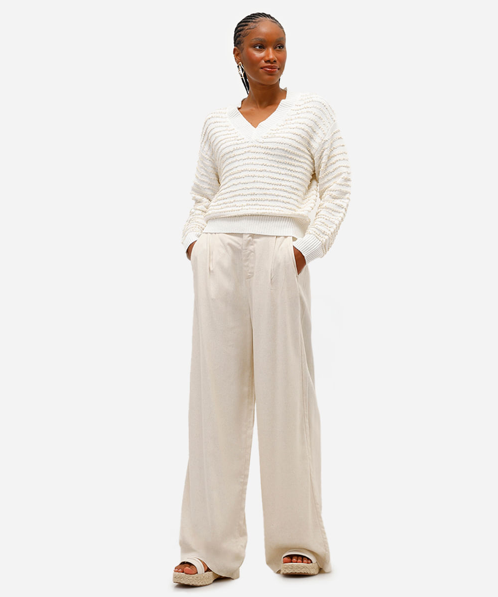 suéter feminino de tricot texturizado listrado - off white