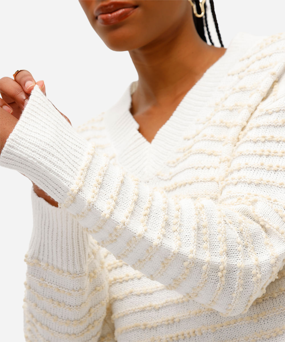 suéter feminino de tricot texturizado listrado - off white