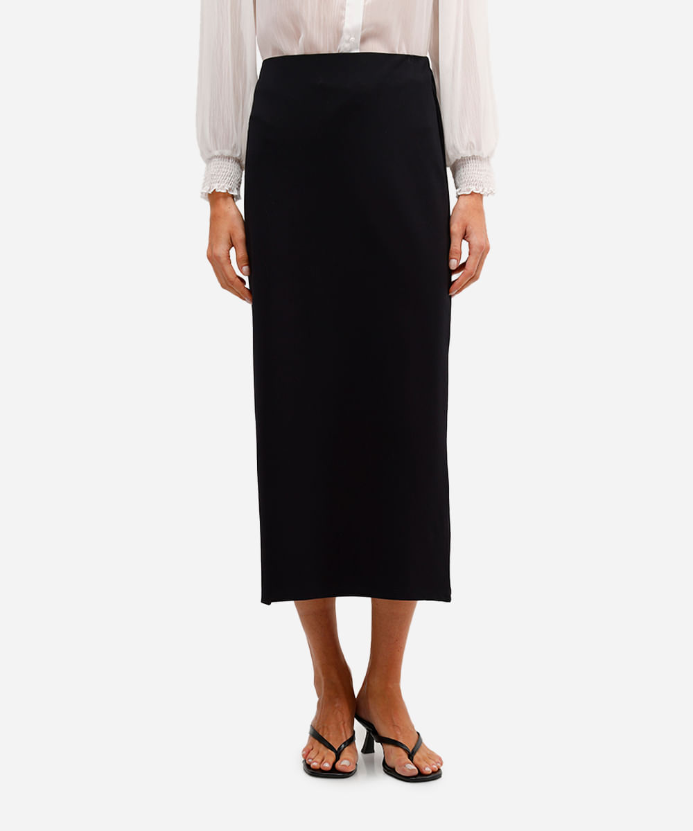 saia midi feminina com viscose e fenda preta