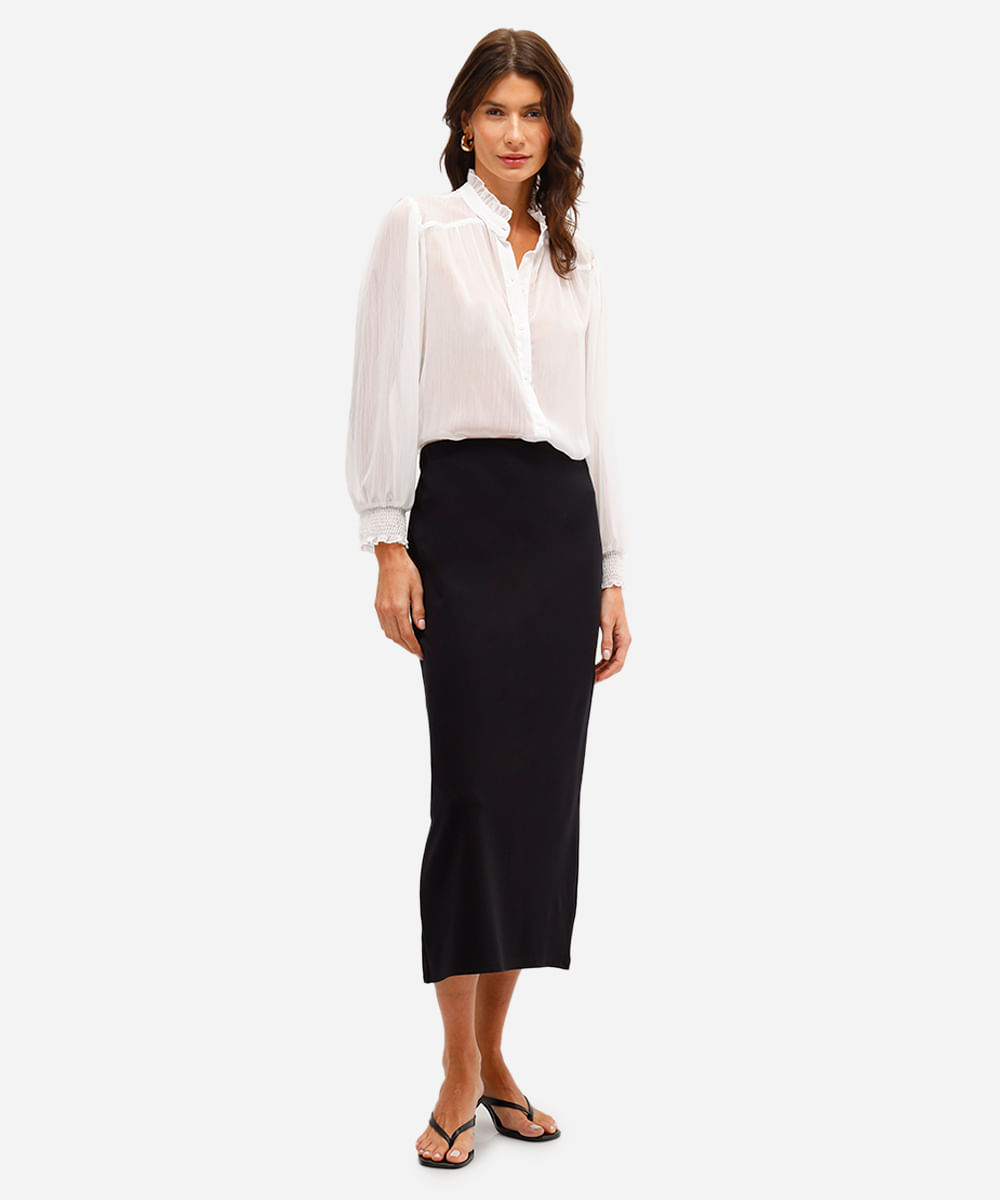 saia midi feminina com viscose e fenda preta