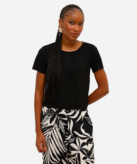 cropped de suede manga curta nude - preto