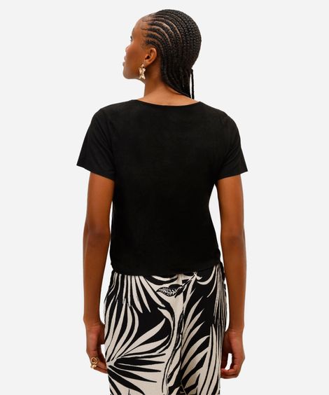 cropped de suede manga curta nude - preto