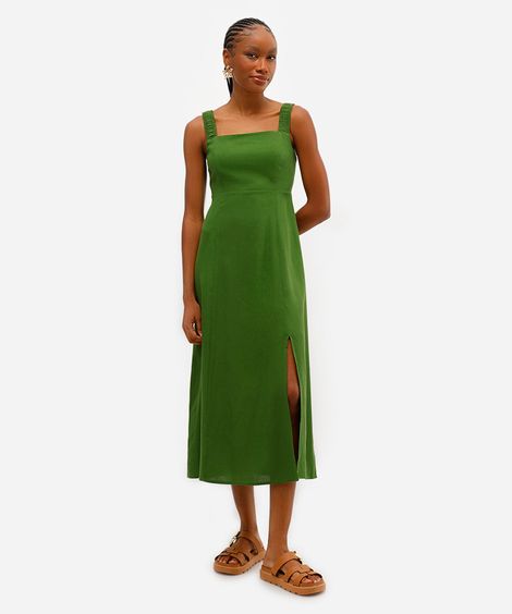 vestido midi feminino com linho e fenda verde