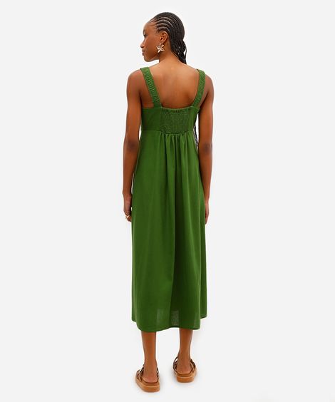vestido midi feminino com linho e fenda verde