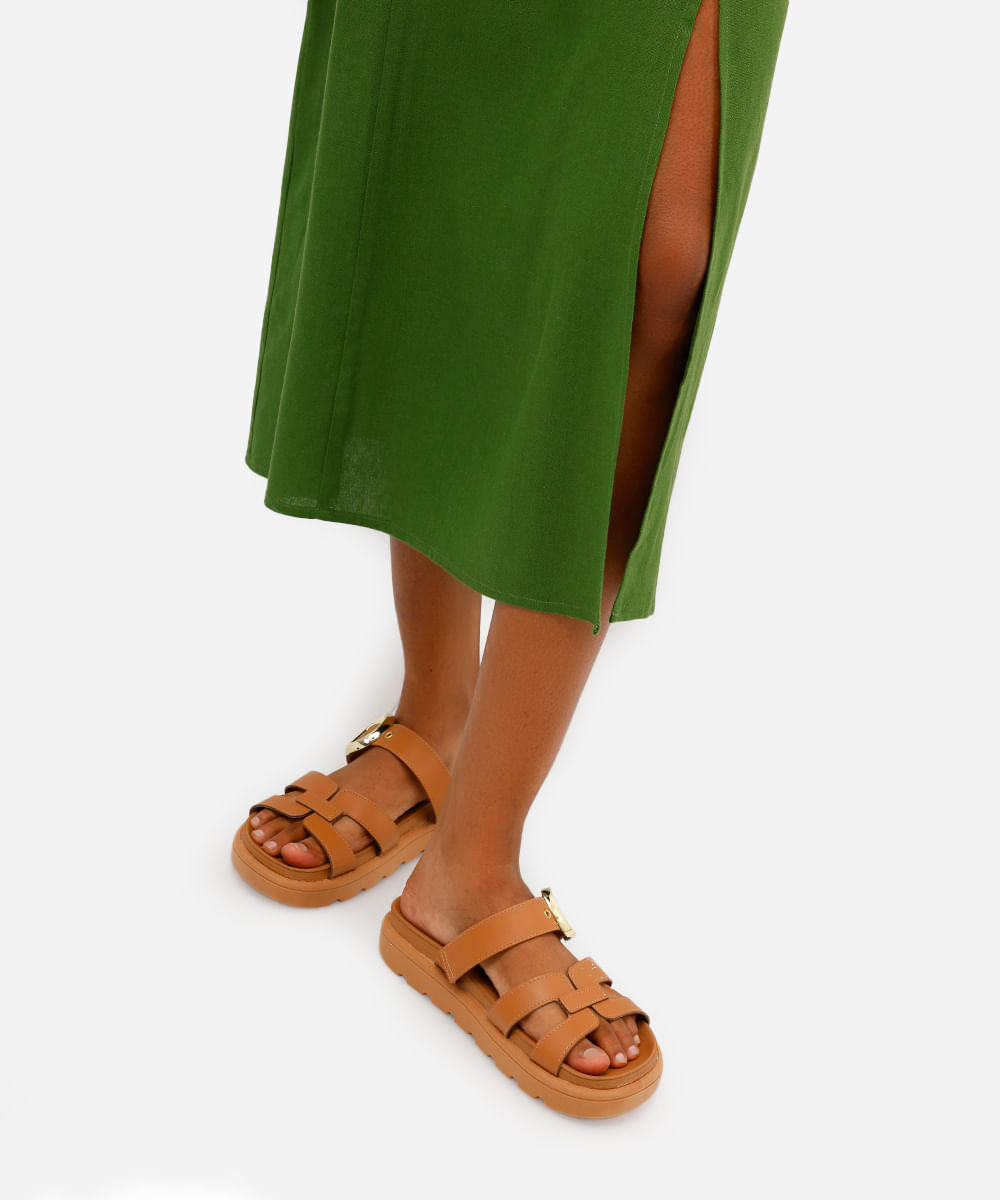 vestido midi feminino com linho e fenda verde
