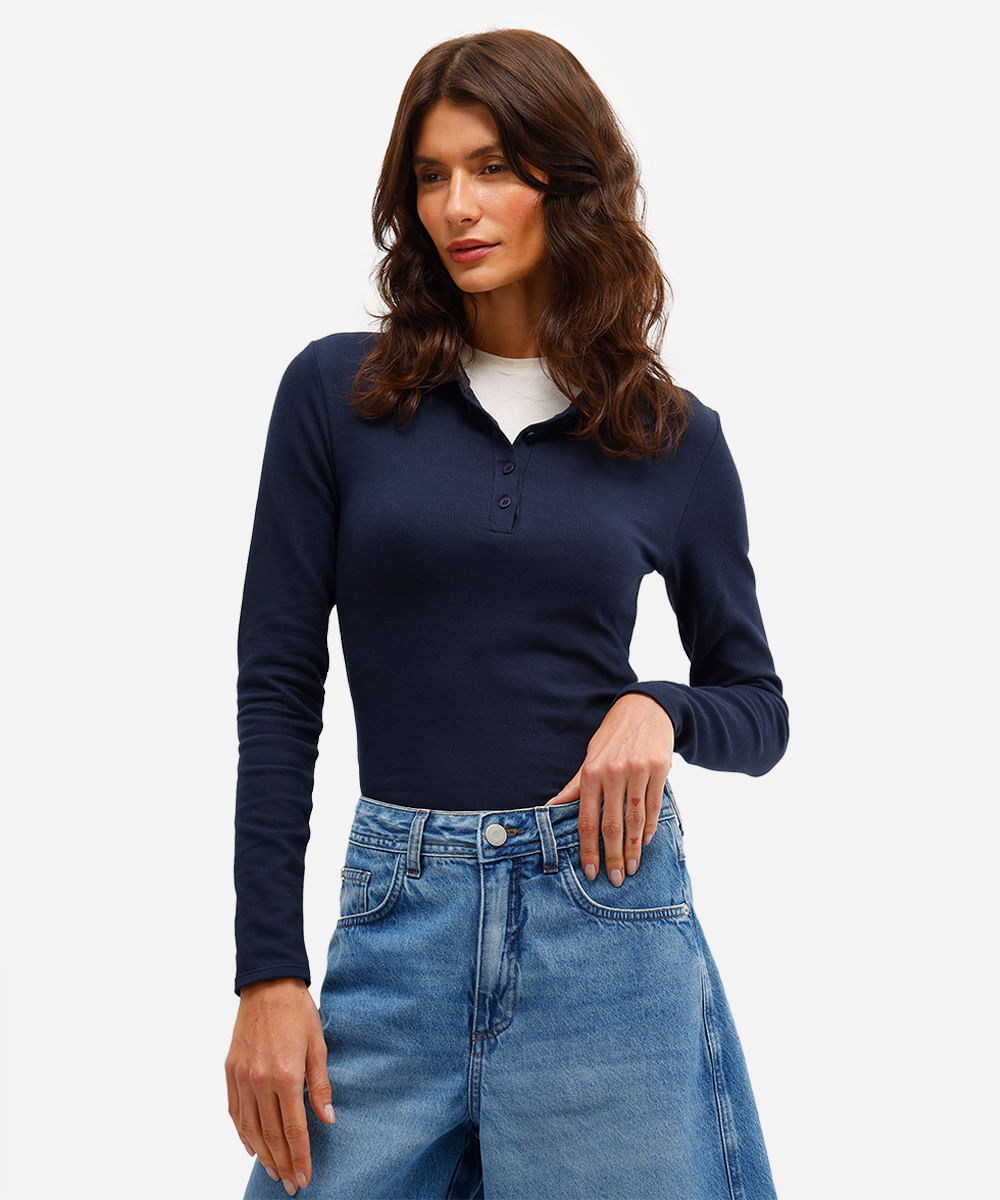 polo feminina de algodão manga longa canelada azul