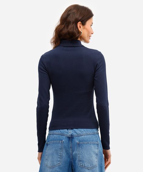polo feminina de algodão manga longa canelada azul