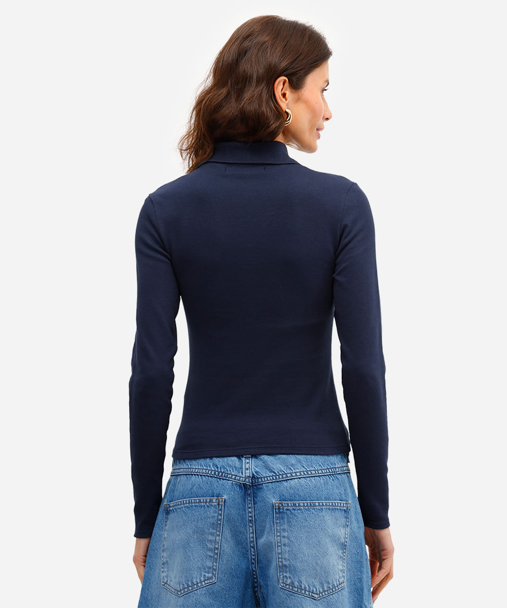 polo feminina de algodão manga longa canelada azul