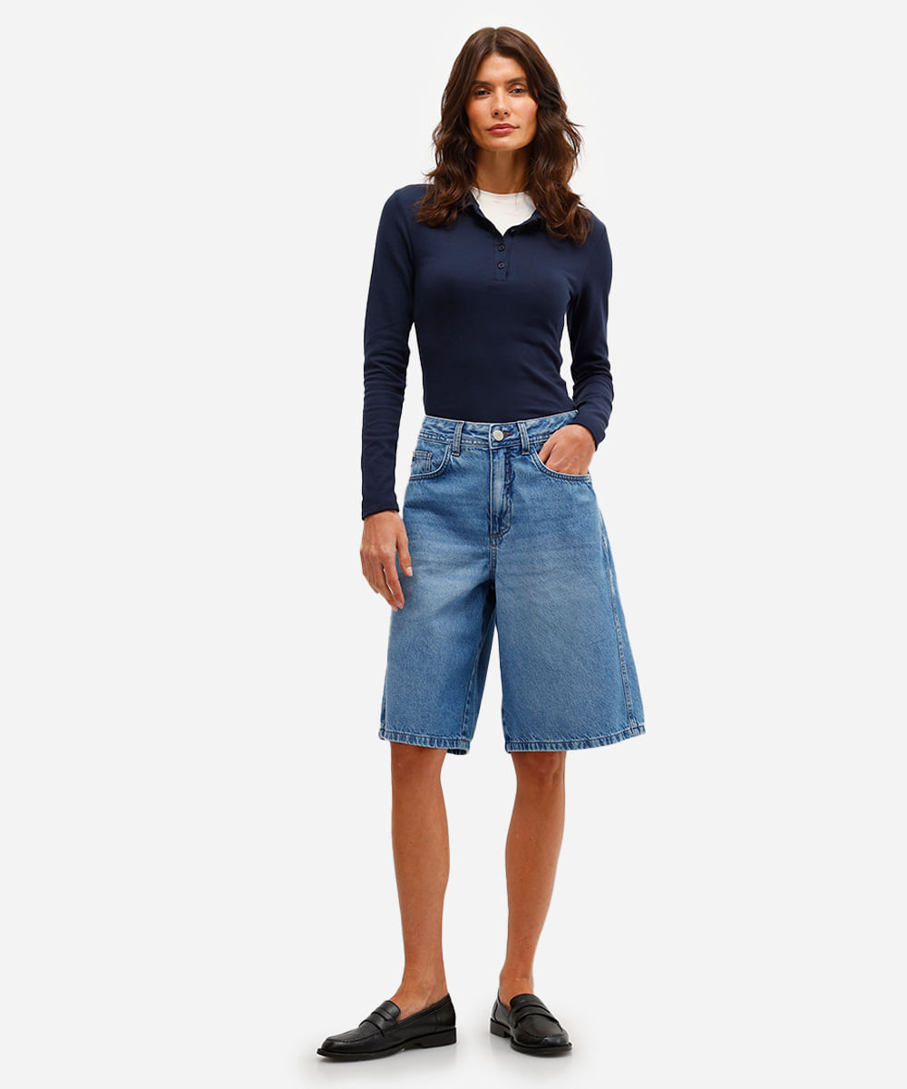 polo feminina de algodão manga longa canelada azul