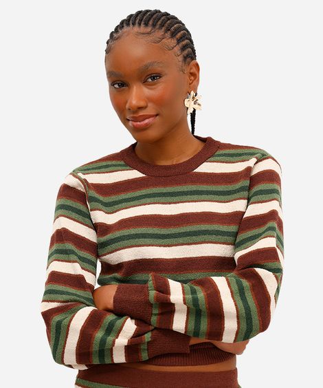 suéter feminino de tricot listrado texturizado marrom
