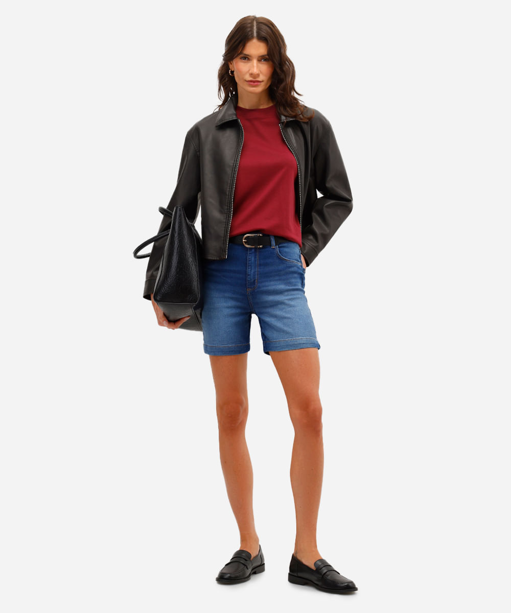 bermuda feminina jeans cintura alta com fendas azul
