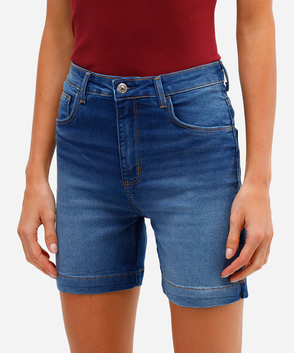 bermuda feminina jeans cintura alta com fendas azul