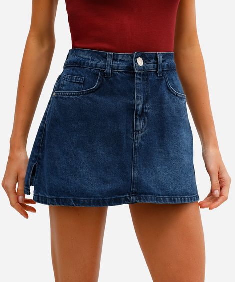 short saia feminino jeans com fendas azul