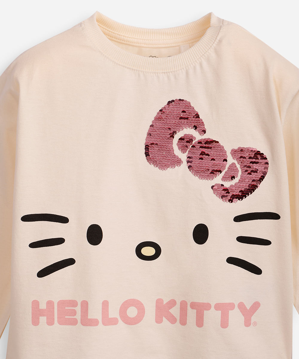 blusa de algodão infantil manga longa hello kitty off white