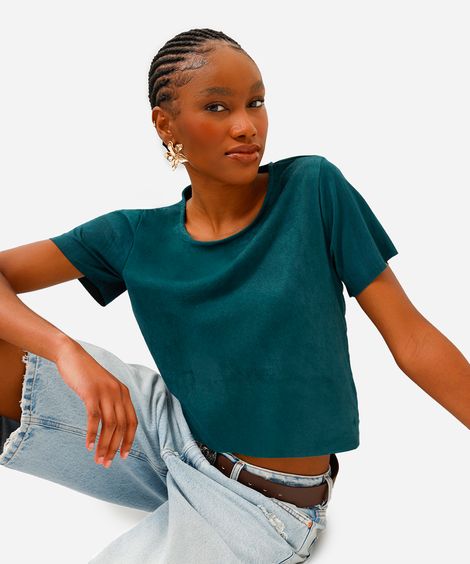 cropped feminino de suede manga curta verde