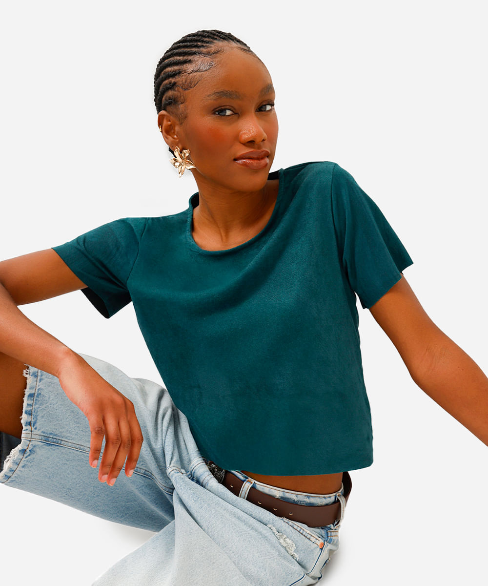 cropped feminino de suede manga curta verde