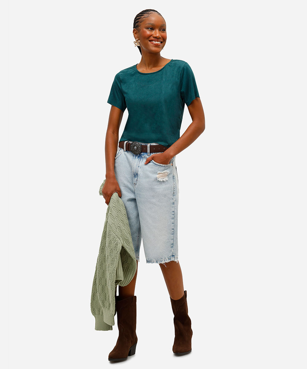 cropped feminino de suede manga curta verde