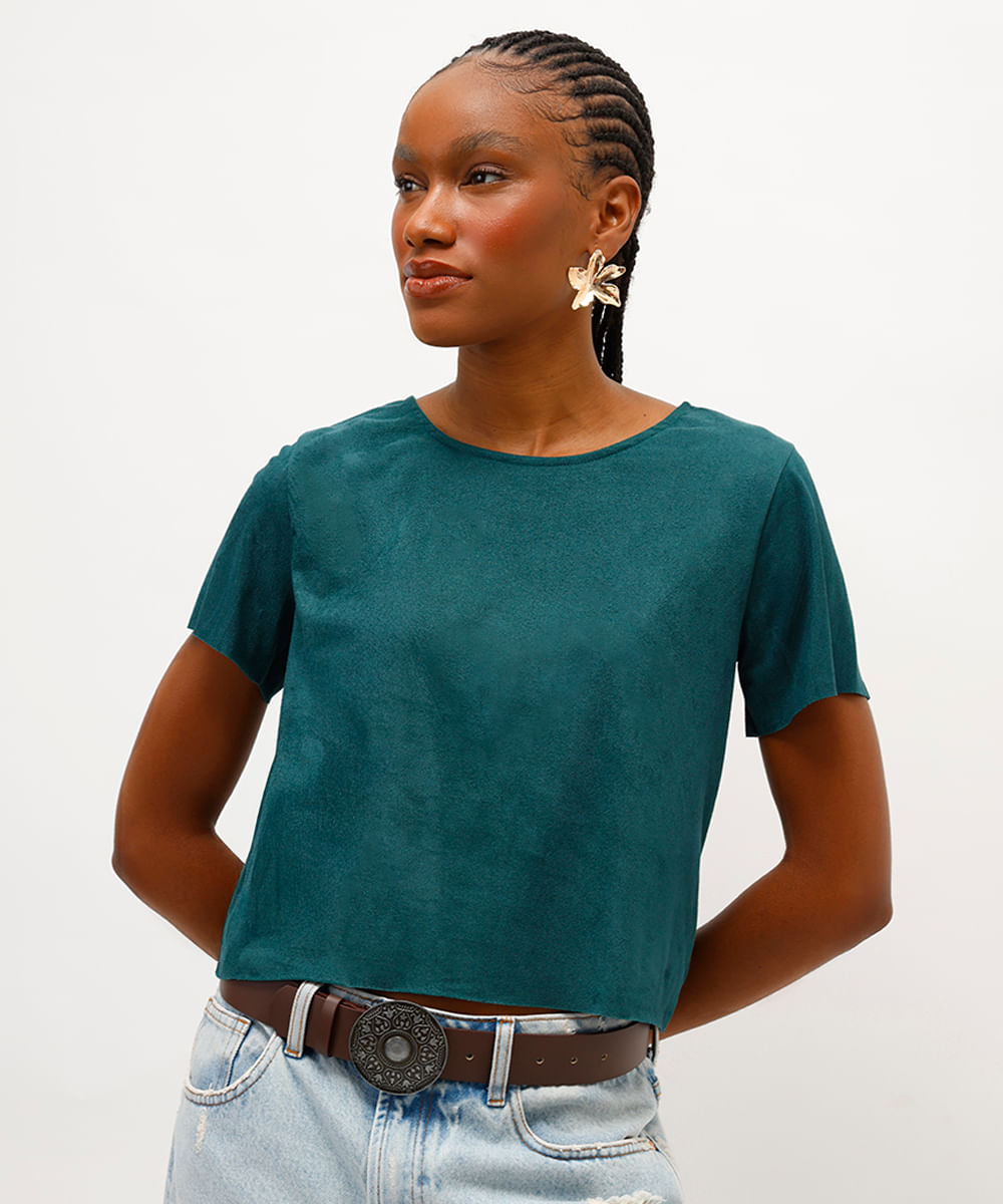 cropped feminino de suede manga curta verde