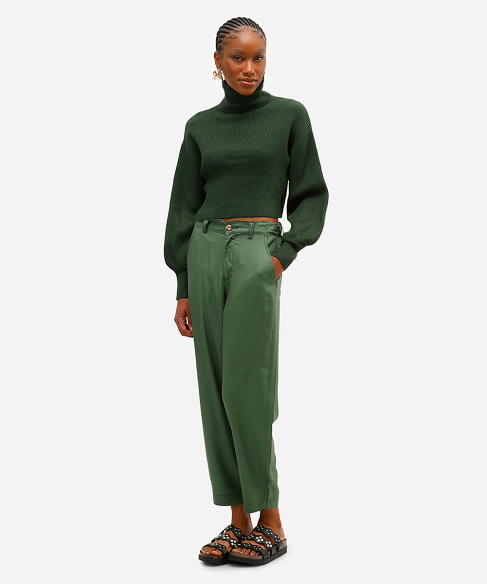 suéter de tricot cropped gola alta verde