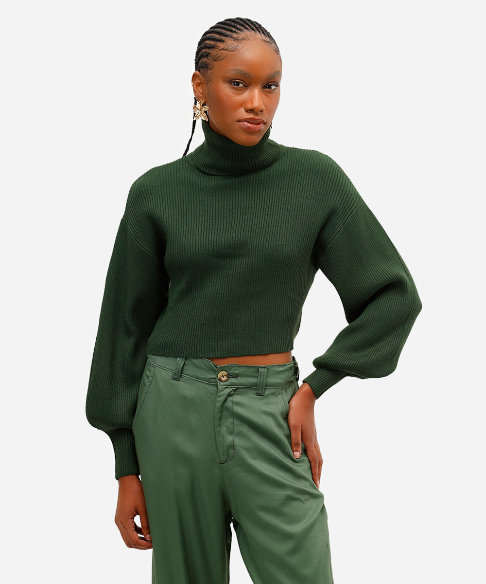 suéter de tricot cropped gola alta verde