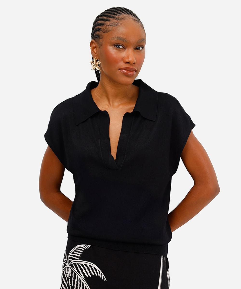 polo feminina de tricot manga curta preta