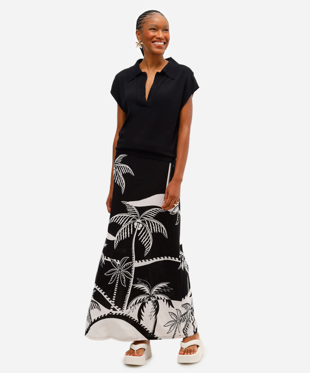 polo feminina de tricot manga curta preta