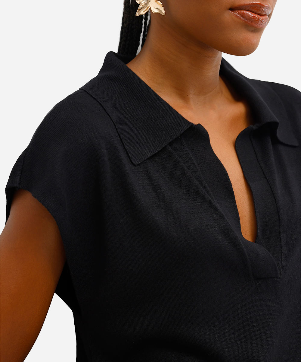 polo feminina de tricot manga curta preta