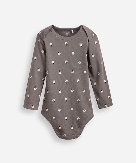 body infantil de algodão manga longa floral cinza