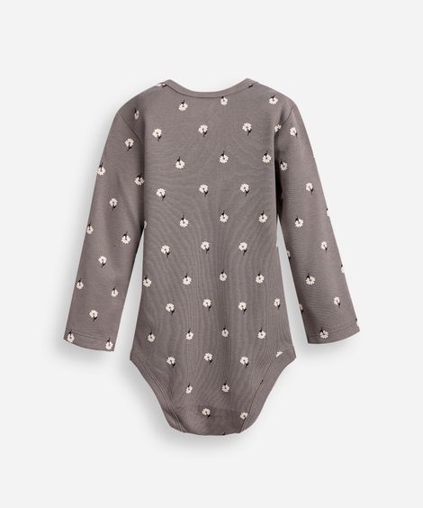 body infantil de algodão manga longa floral cinza