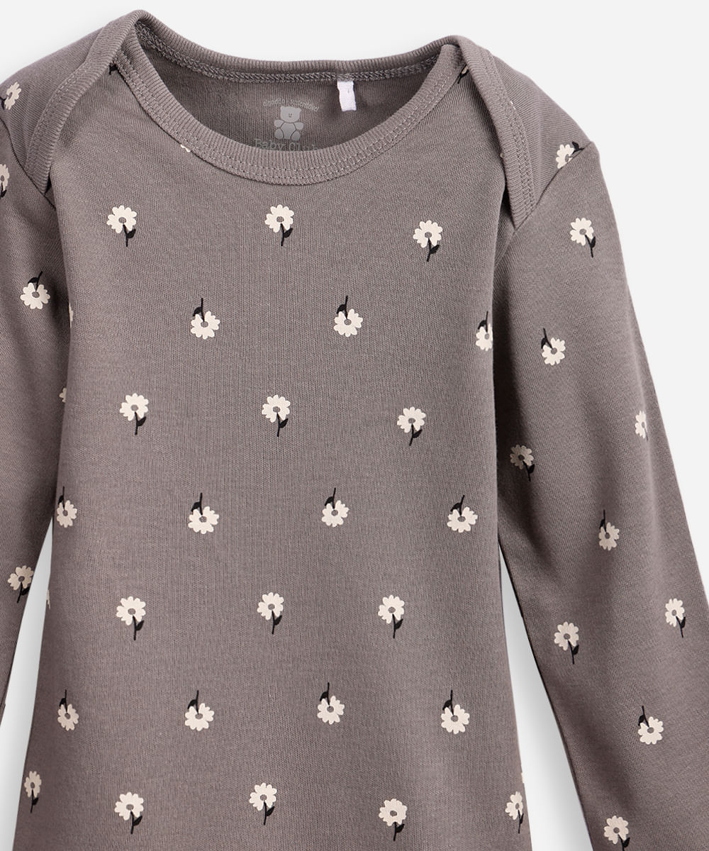body infantil de algodão manga longa floral cinza