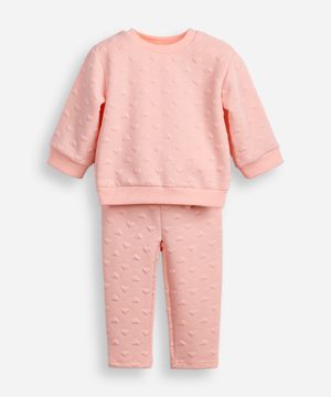 conjunto infantil longo de moletom coração texturizado rosa