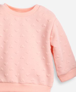 conjunto infantil longo de moletom coração texturizado rosa