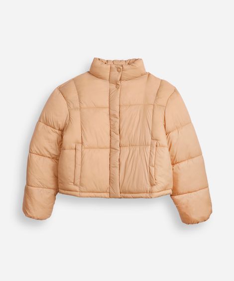 jaqueta puffer juvenil gola alta bege