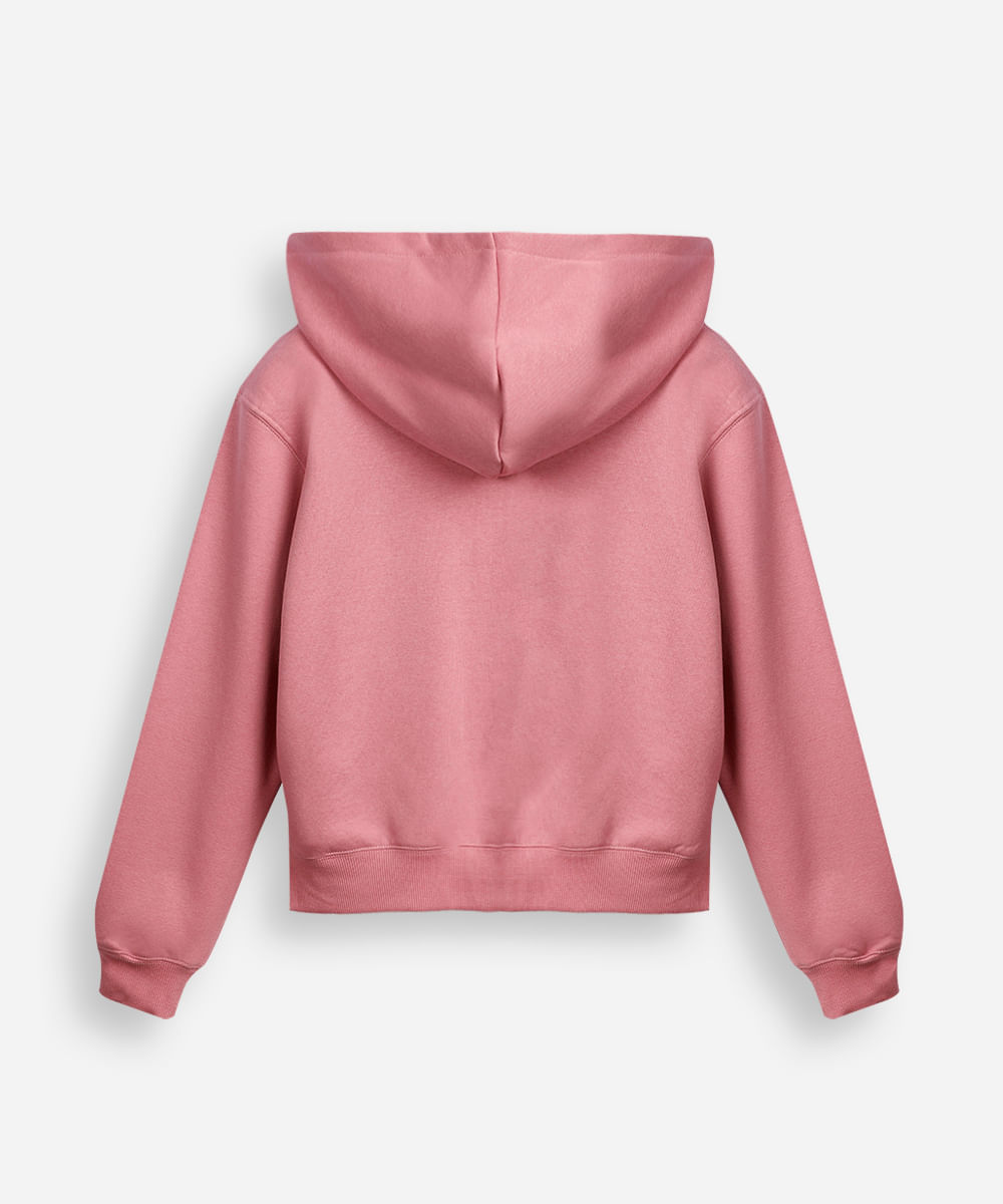 jaqueta juvenil de moletom com capuz e bolso rosa