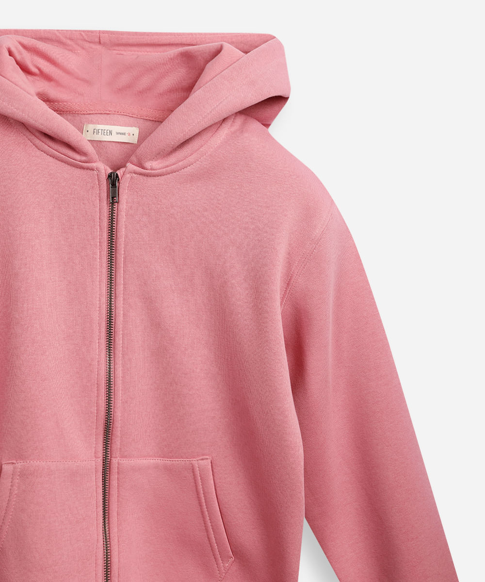 jaqueta juvenil de moletom com capuz e bolso rosa