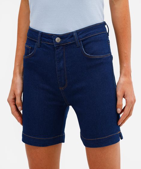 bermuda feminina jeans cintura alta com fendas azul