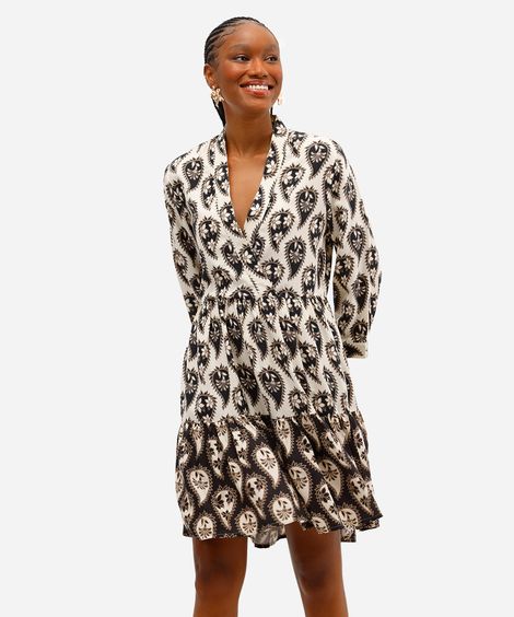 vestido curto feminino de viscose paisley bege