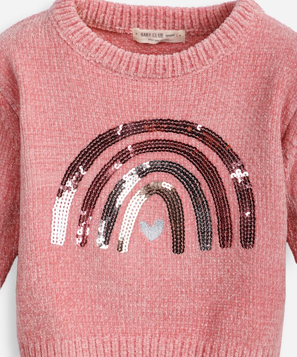 suéter de tricot infantil arco íris paetê rosa
