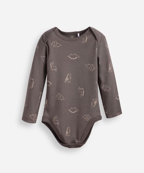 body infantil de algodão manga longa dinossauros cinza