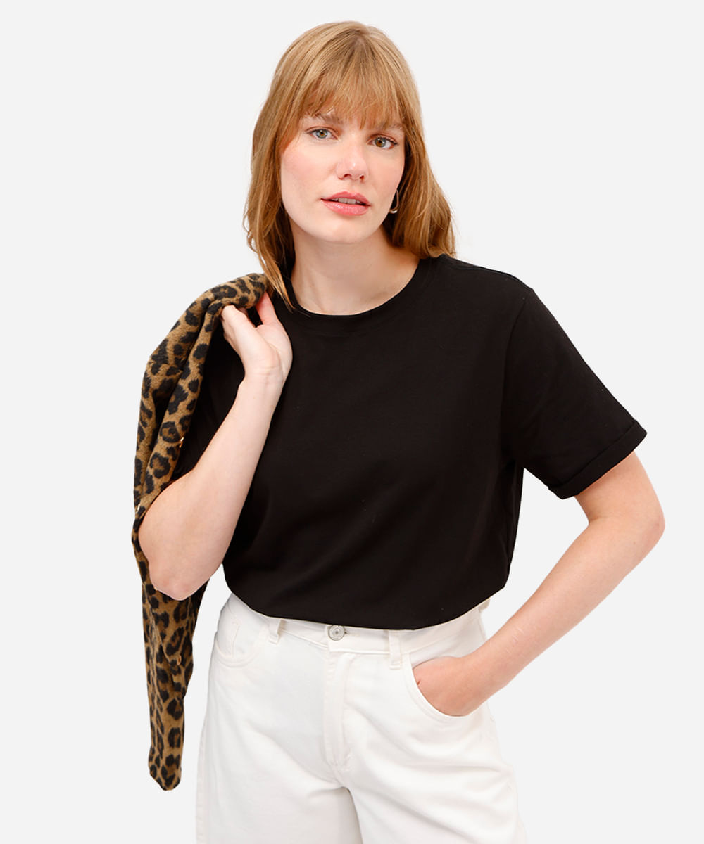 camiseta básica feminina de algodão manga curta preta