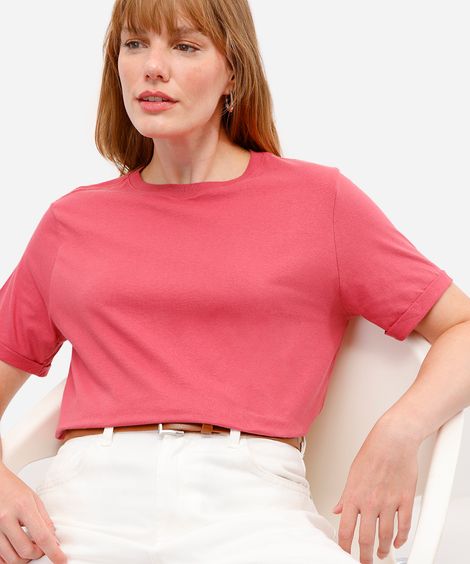 camiseta básica feminina de algodão manga curta rosa
