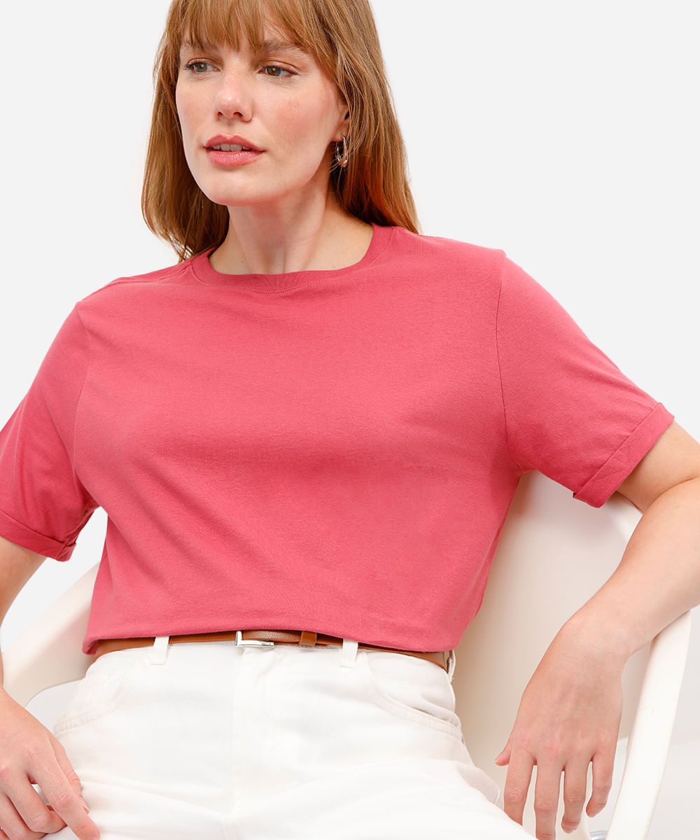 camiseta básica feminina de algodão manga curta rosa