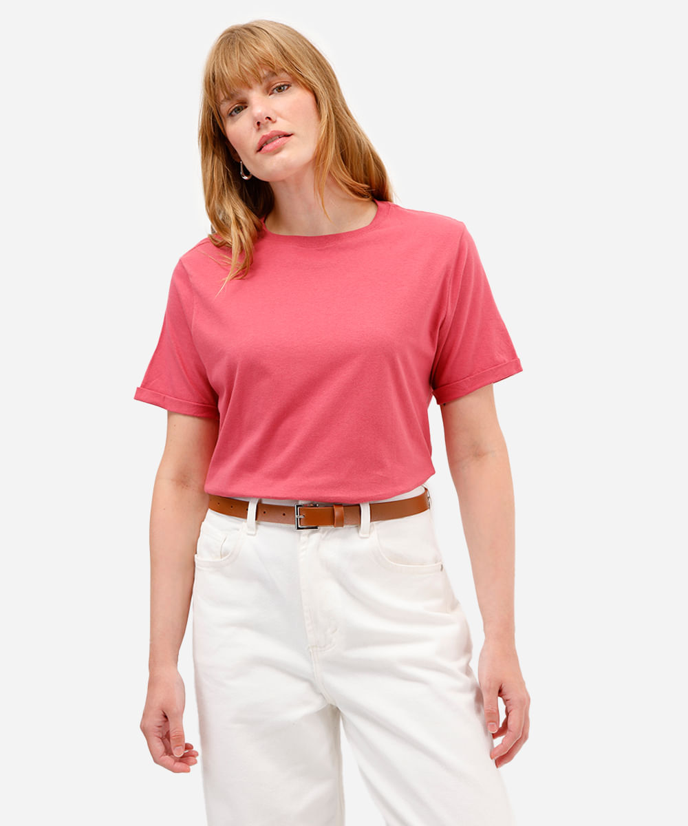 camiseta básica feminina de algodão manga curta rosa