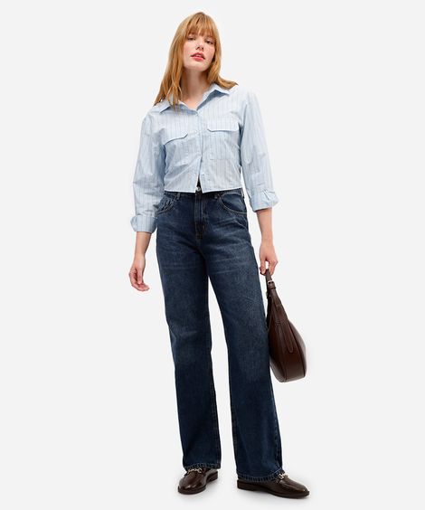 calça wide leg feminina jeans cintura alta azul